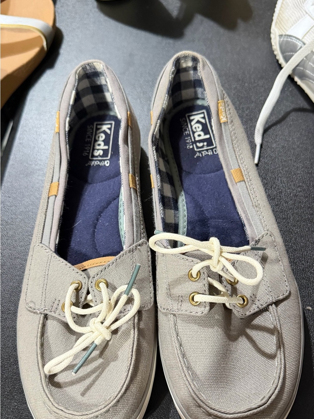Keds Canvas Boat Shoes in Light Gray with Cream Laces